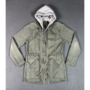 Hollister Safari Jacket Womens Medium Green Zip Military Hooded Coat Y2K Faded‎